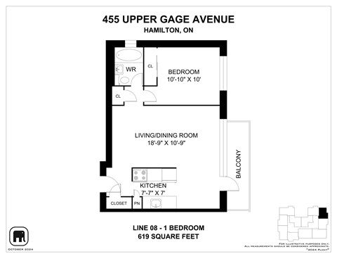 Floor plan for 1 bed, 1 bath, 644 sqft